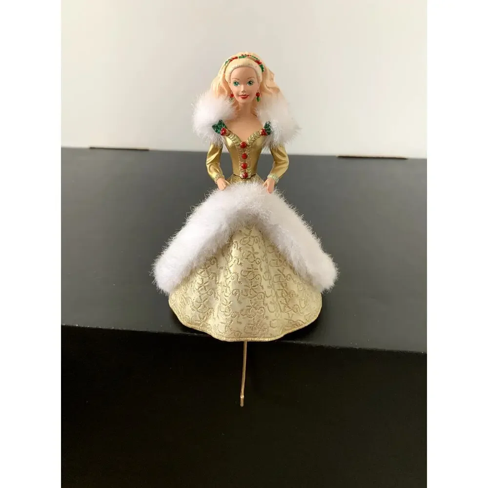Vintage Happy Holidays 1995 Barbie Gold Dress Stocking Holder with Box
